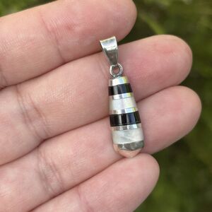 PD signed 925 Sterling Silver Vintage Real Black Onyx MOP Charm Pendant